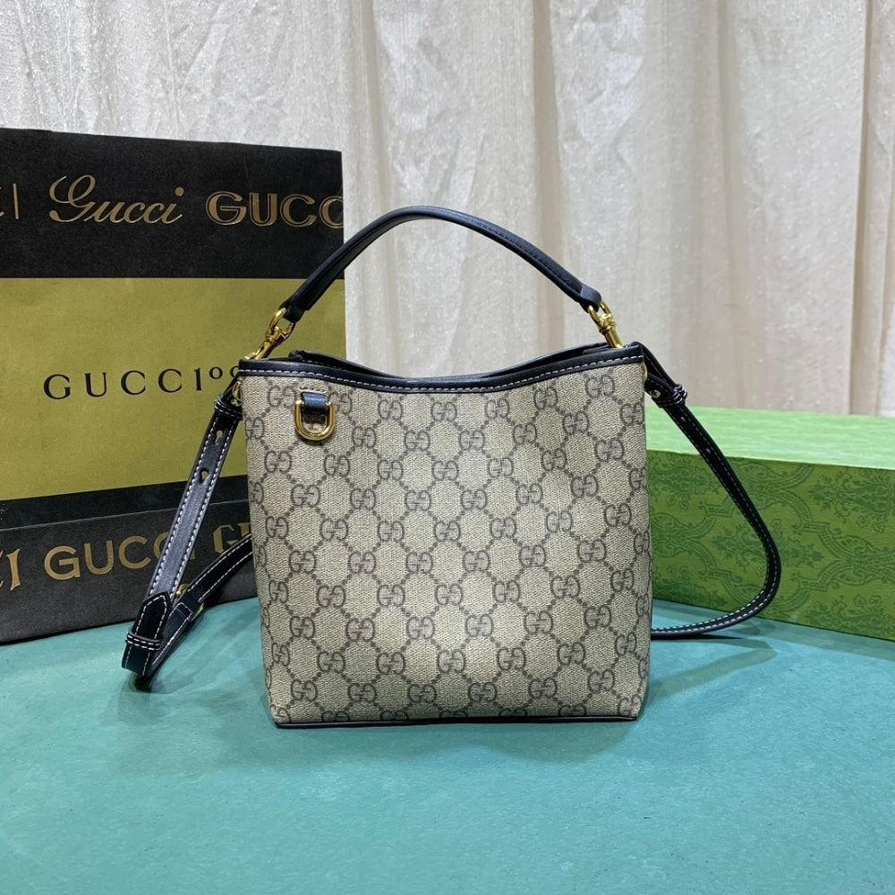 GUCCI GG EMBLEM SMALL BUCKET BAG BEIGE AND DARK BROWN 20CM 815118 FAD6L 9741