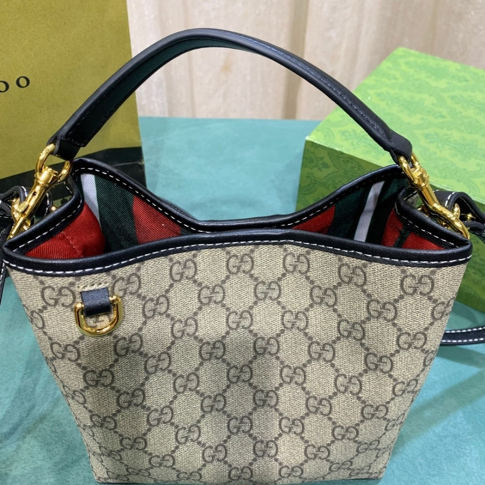 GUCCI GG EMBLEM SMALL BUCKET BAG BEIGE AND DARK BROWN 20CM 815118 FAD6L 9741