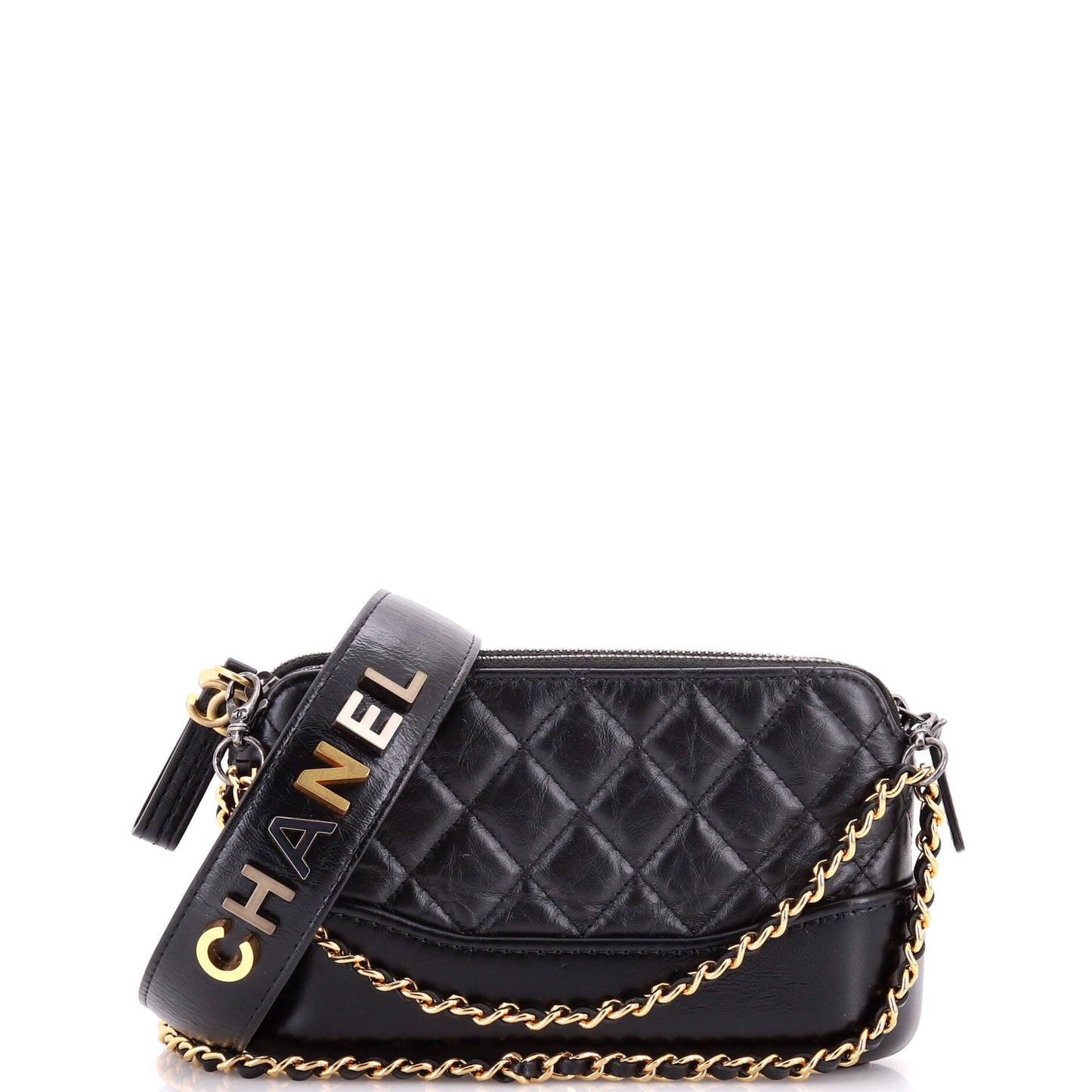 Gabrielle Logo Handle Double Zip Clutch with Chain Quilted Aged Calfskin