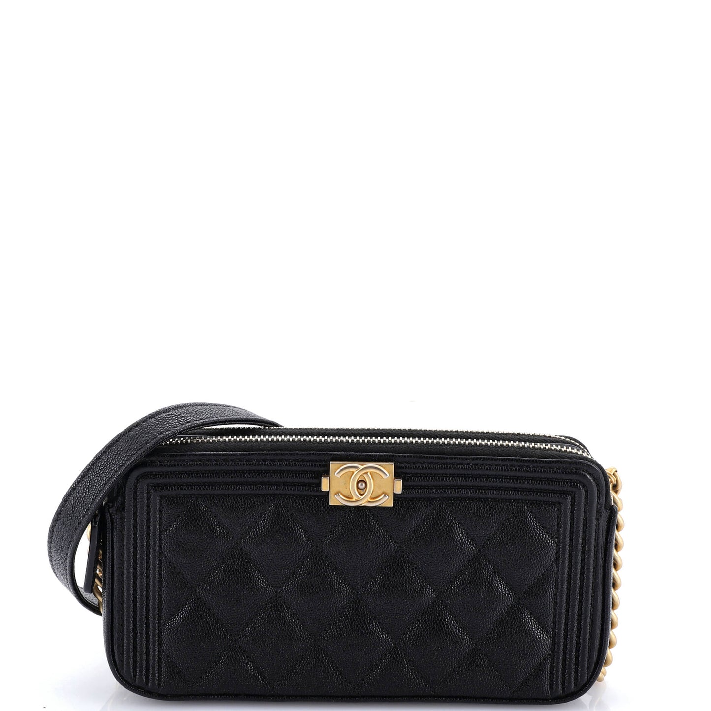 Boy Double Zip Clutch with Chain Quilted Caviar