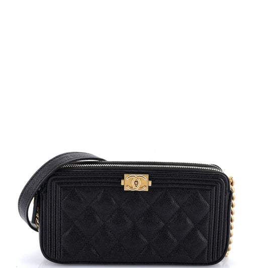 Boy Double Zip Clutch with Chain Quilted Caviar