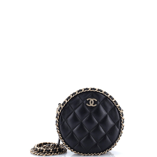 Chain Around Round Clutch with Chain Quilted Lambskin