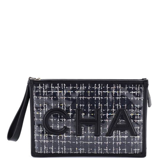 Logo Wristlet Clutch PVC Over Quilted Tweed Large