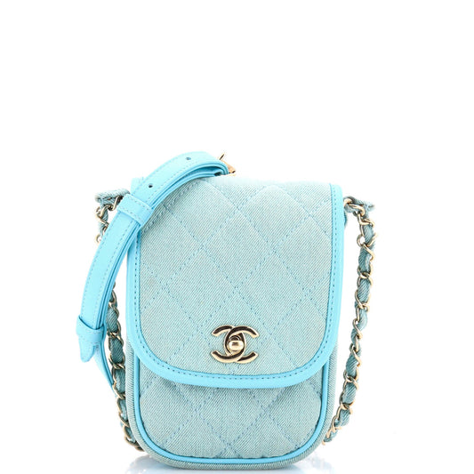 Flap Clutch with Chain Quilted Denim Mini