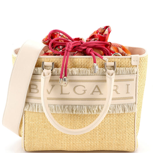 Fringe Logo Convertible Tote Raffia with Leather Medium