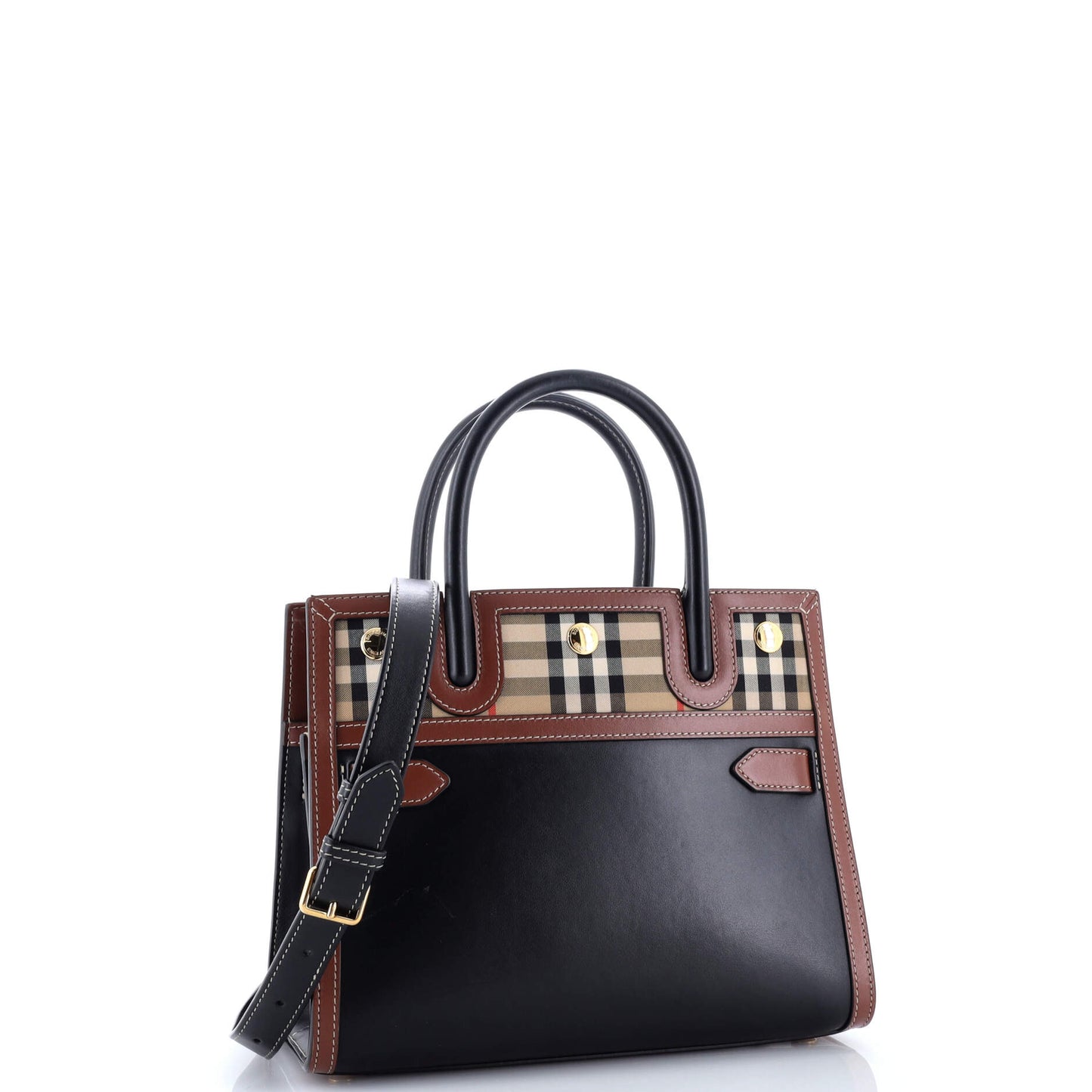 Title Two Handle Tote Leather with Vintage Check Canvas Mini