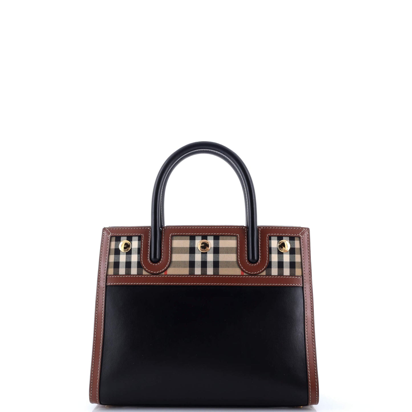 Title Two Handle Tote Leather with Vintage Check Canvas Mini