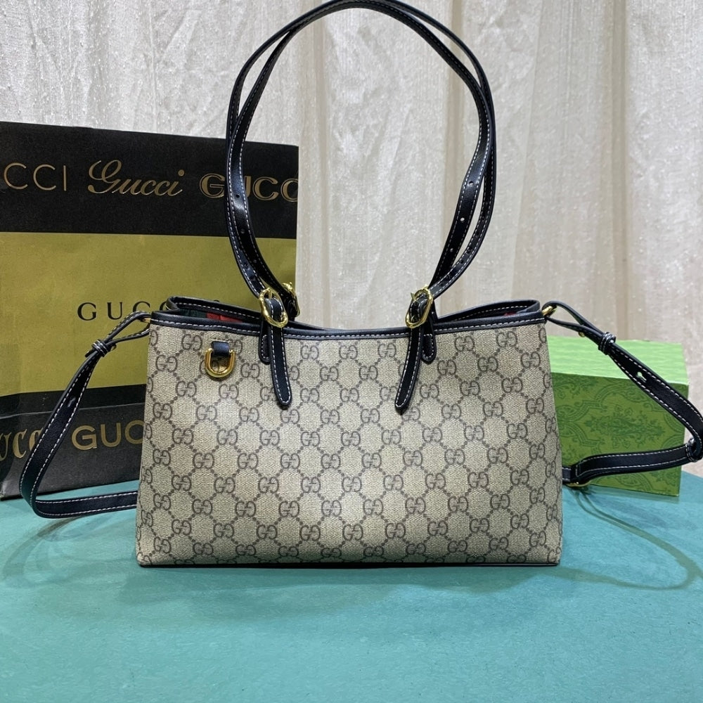 GUCCI GG EMBLEM SMALL TOTE BAG BEIGE AND DARK BROWN 31CM 815214 FAD6L 9741