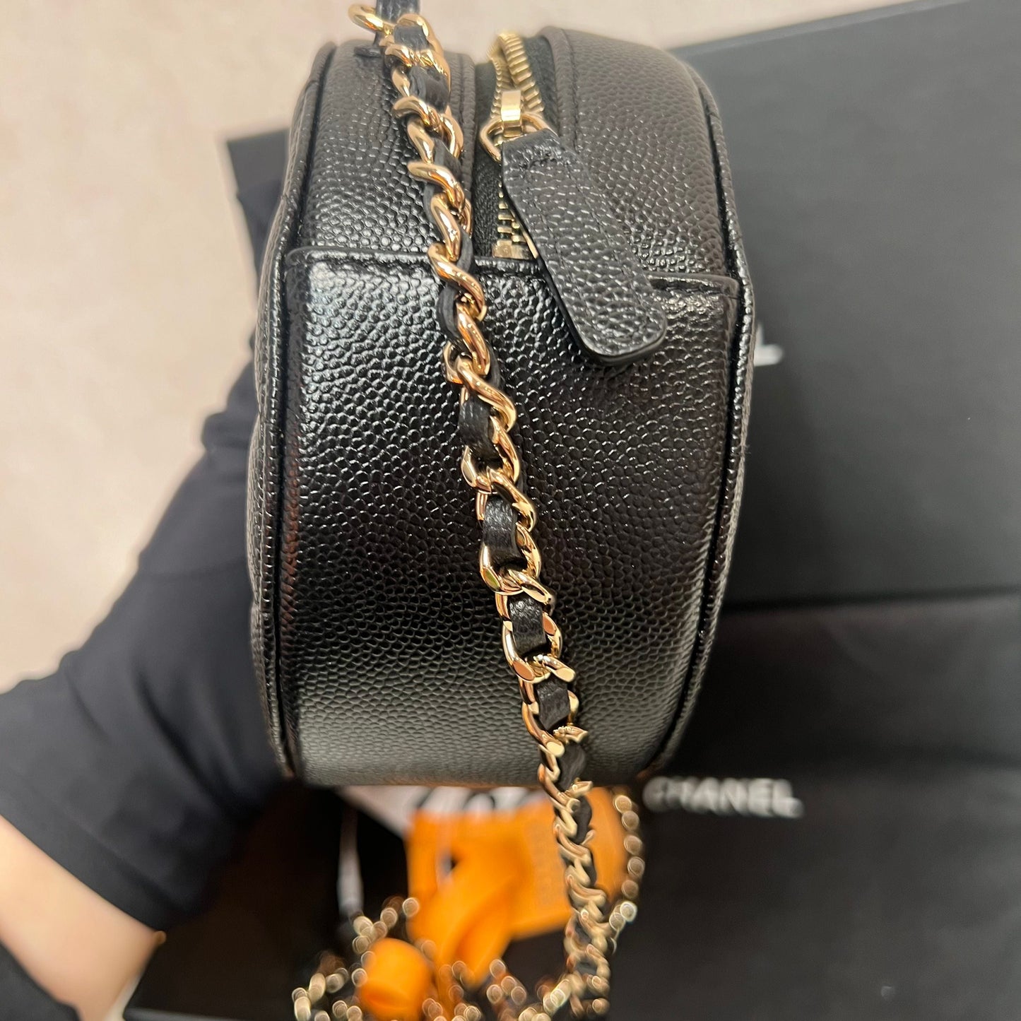 CHANEL Iridescent Caviar Quilted Round Clutch With Chain Black 3354