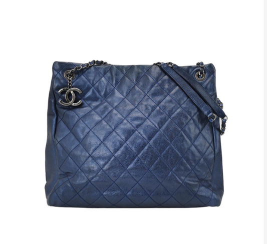 Preloved Chanel Carviar leather tote bag 35cm blue 057832700258