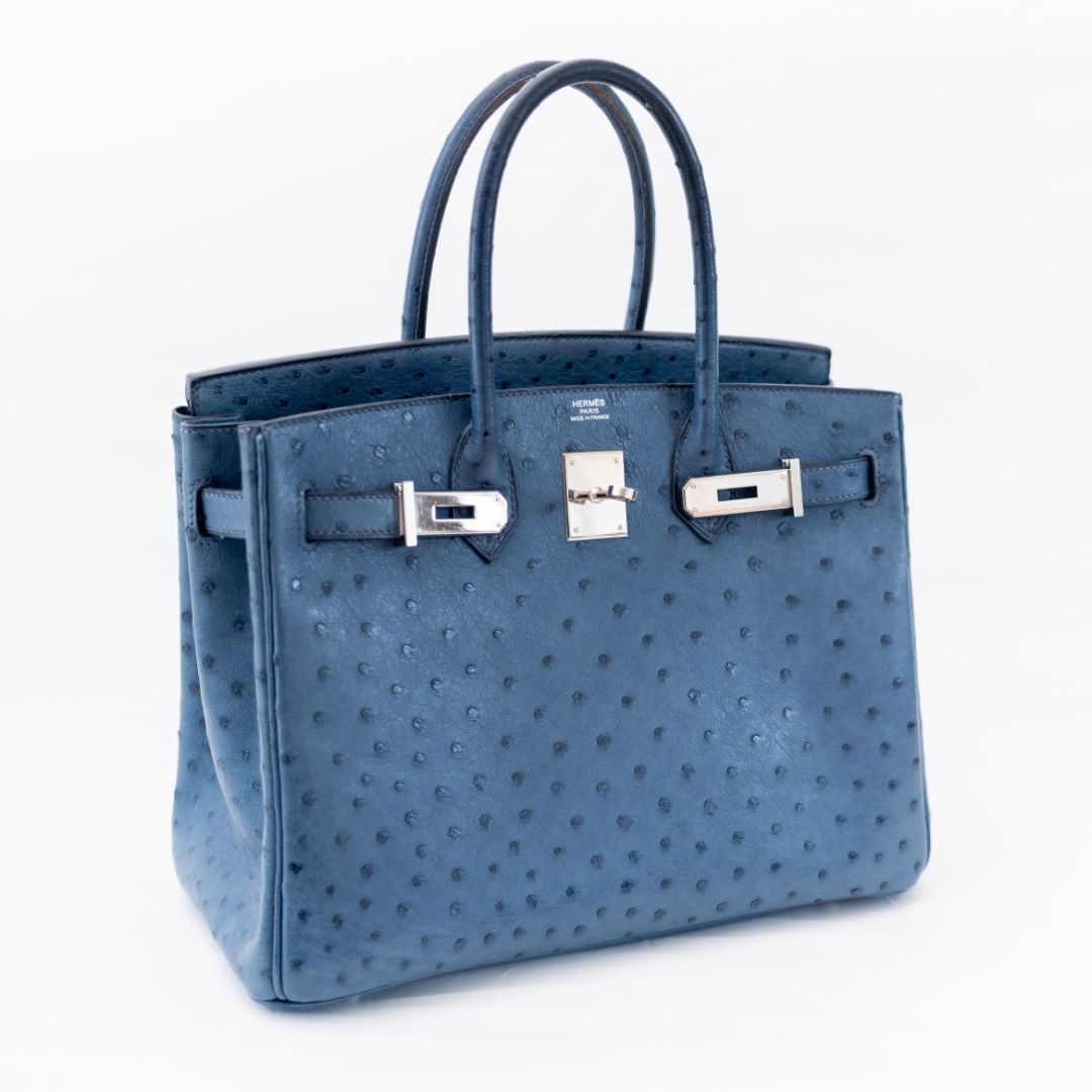 Hermes Ostrich Blue Birkin 30 Bag with Palladium Hardware