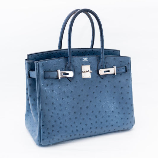 Hermes Ostrich Blue Birkin 30 Bag with Palladium Hardware