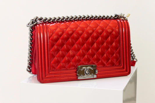 CHANEL Boy Flap Bag Quilted Patent New Medium Red B11-28