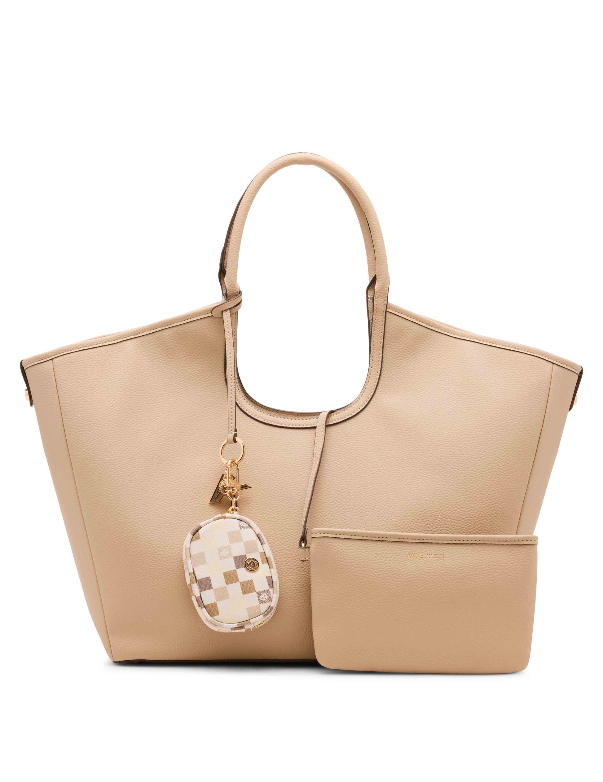 Anne Klein Sesame/Neutral Multi Large Tote with Graphic Tile Lion Logo Pouch