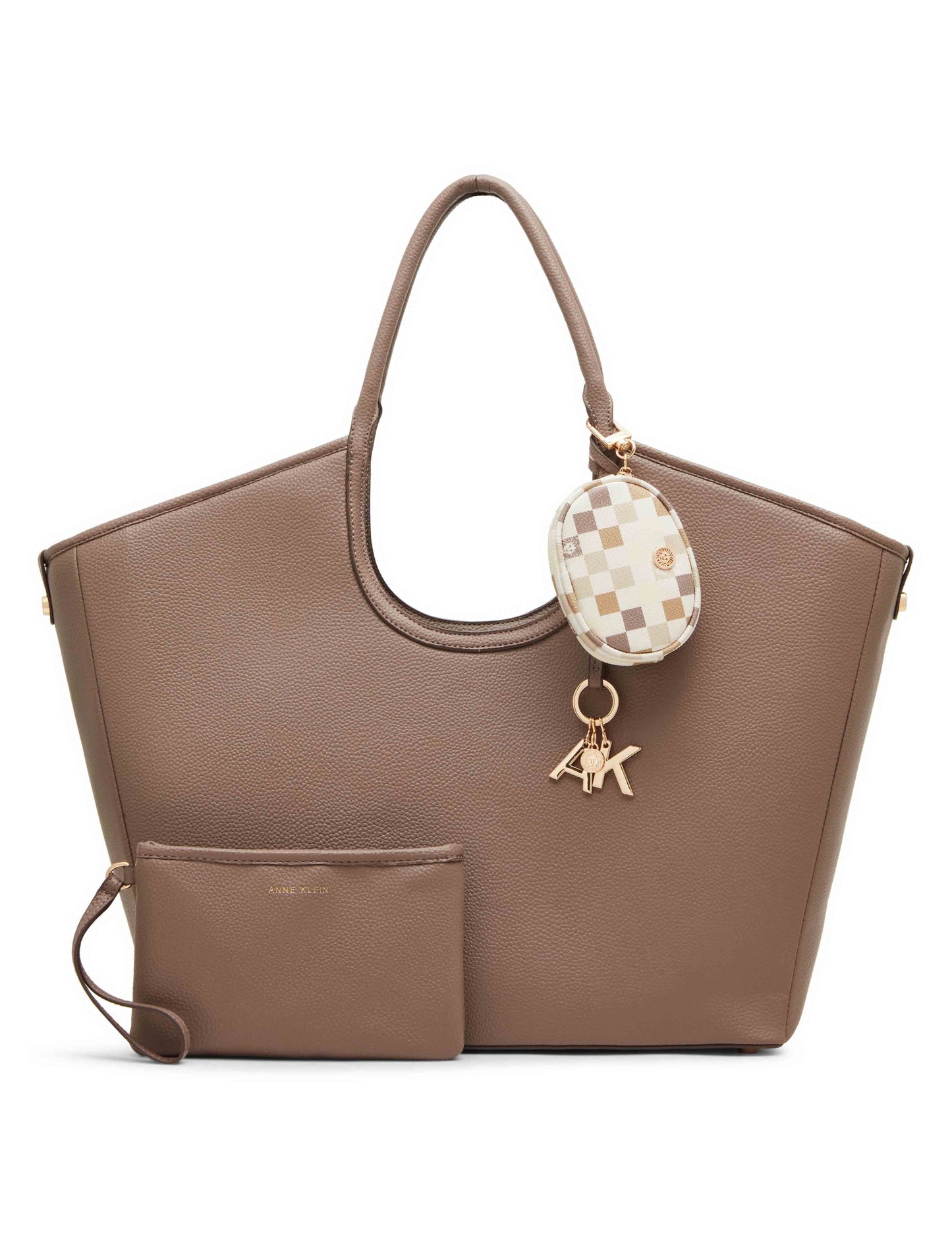 Anne Klein Mink/Neutral Multi Large Tote with Graphic Tile Lion Logo Pouch