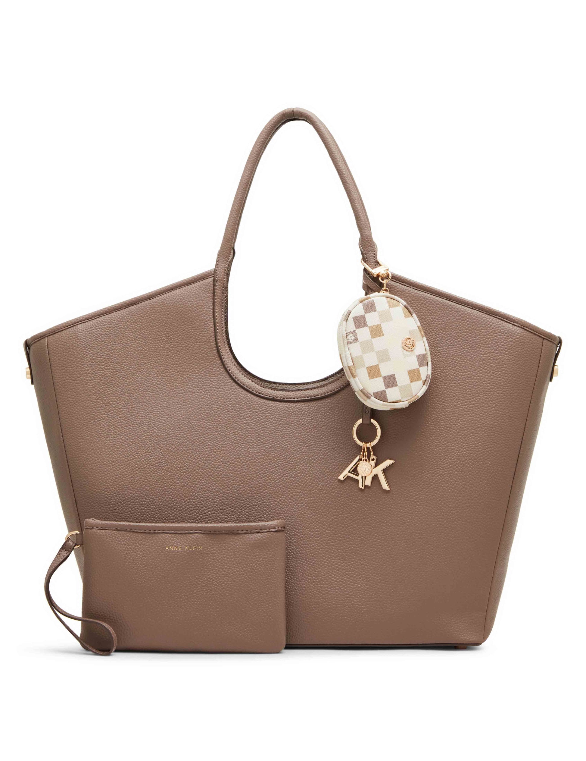 Anne Klein Mink/Neutral Multi Large Tote with Graphic Tile Lion Logo Pouch