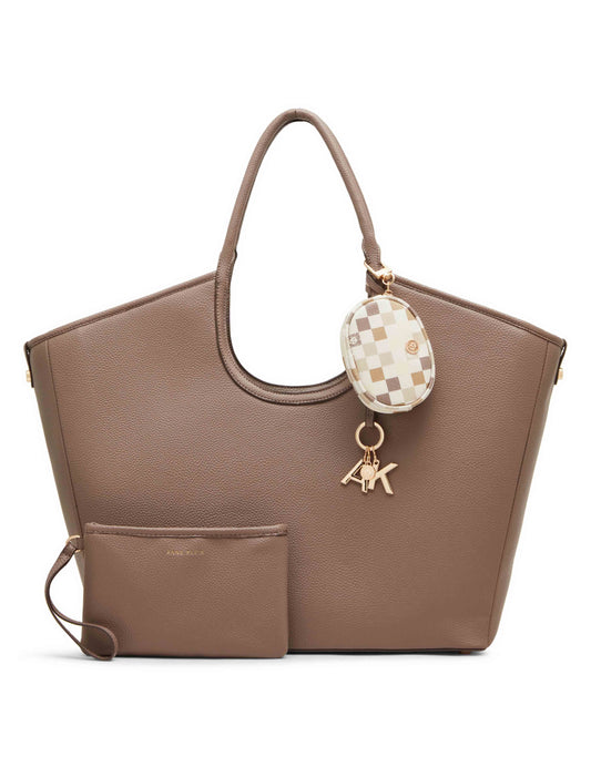 Anne Klein Mink/Neutral Multi Large Tote with Graphic Tile Lion Logo Pouch