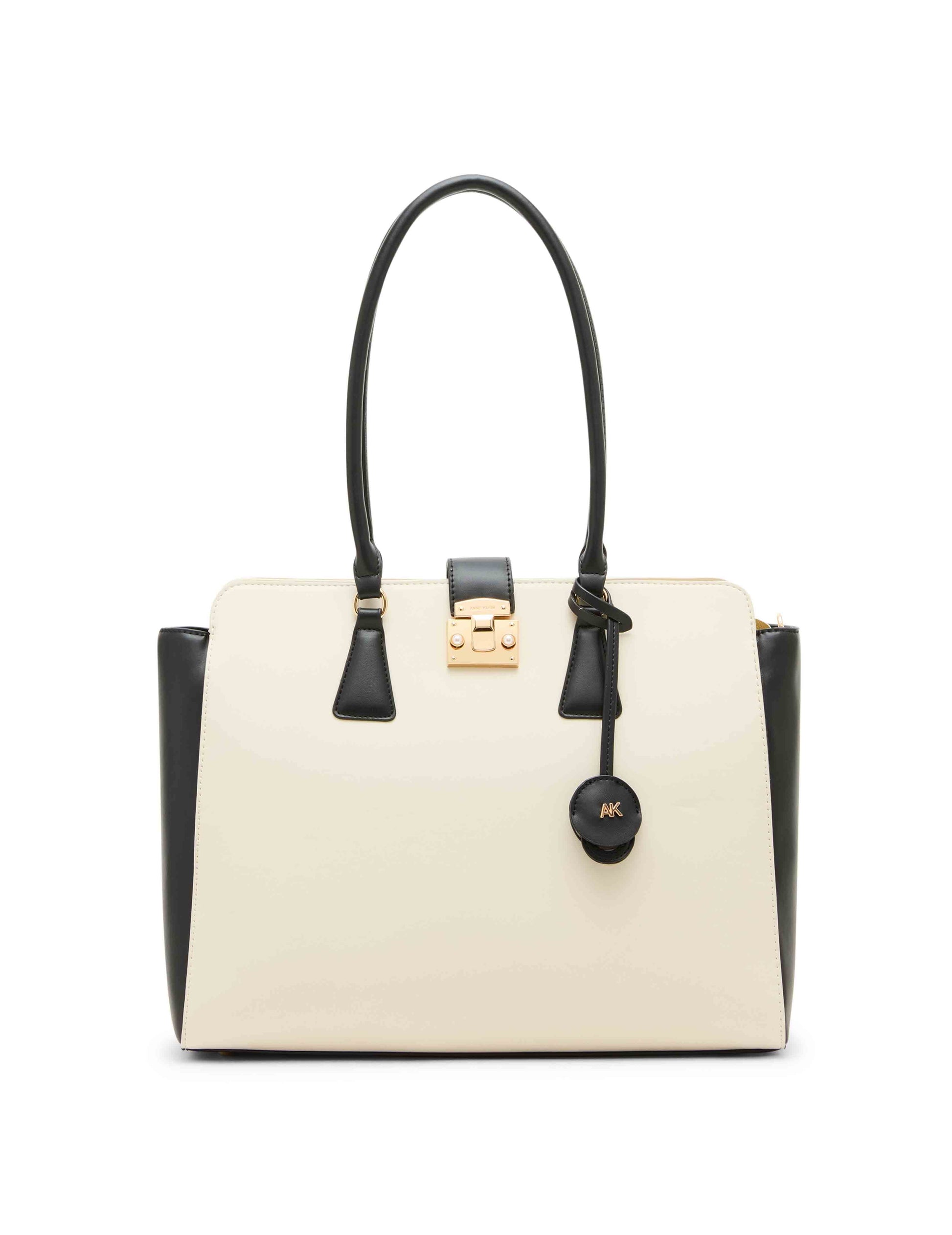 Anne Klein Parchment/Black Work Tote With Laptop Case And Convertible Strap