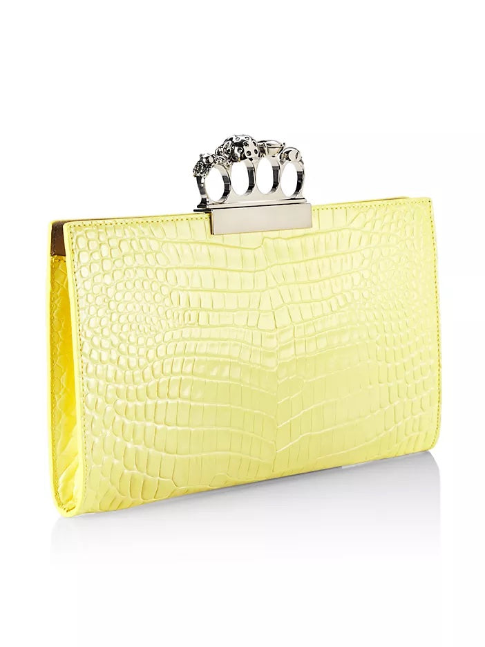 ALEXANDER MCQUEEN SKULL FOUR RING CROC EMBOSSED LEATHER CLUTCH BAG