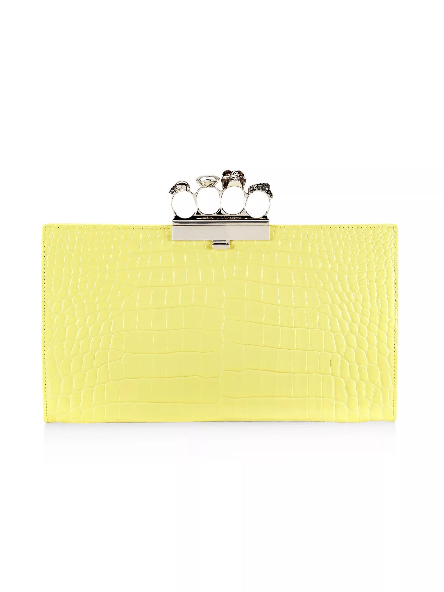 ALEXANDER MCQUEEN SKULL FOUR RING CROC EMBOSSED LEATHER CLUTCH BAG