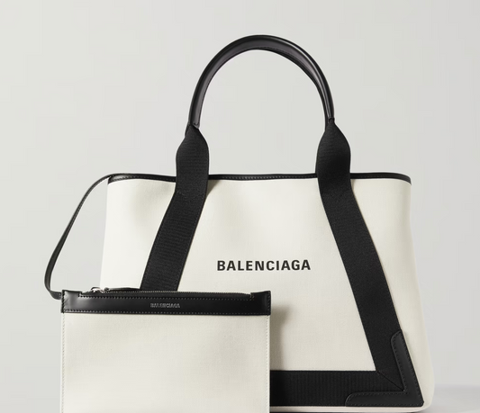 BALENCIAGA LEATHER TRIMMED TWO TONE CANVAS TOTE BAG