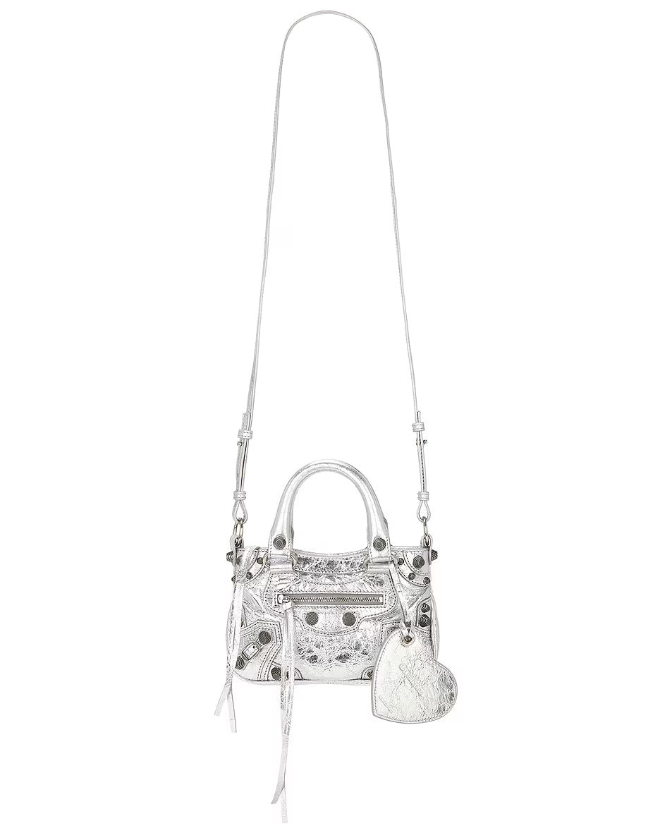 BALENCIAGA MINI NEO CAGOLE METALLIC LEATHER TOTE BAG
