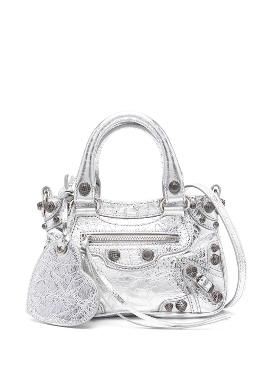 BALENCIAGA MINI NEO CAGOLE METALLIC LEATHER TOTE BAG