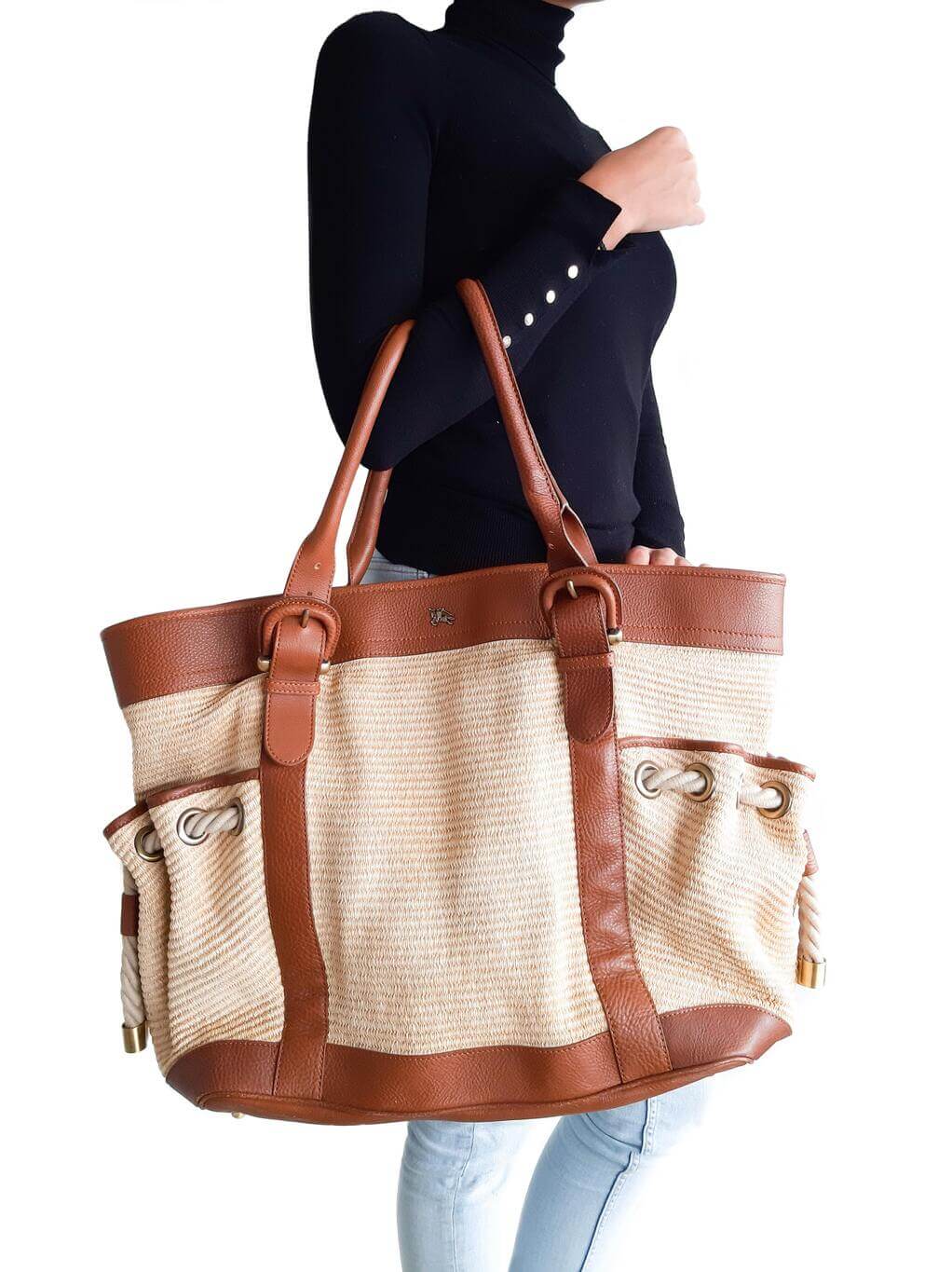 BURBERRY CARTERA FIGUE CANVAS & CALFSKIN LEATHER TOTE BAG