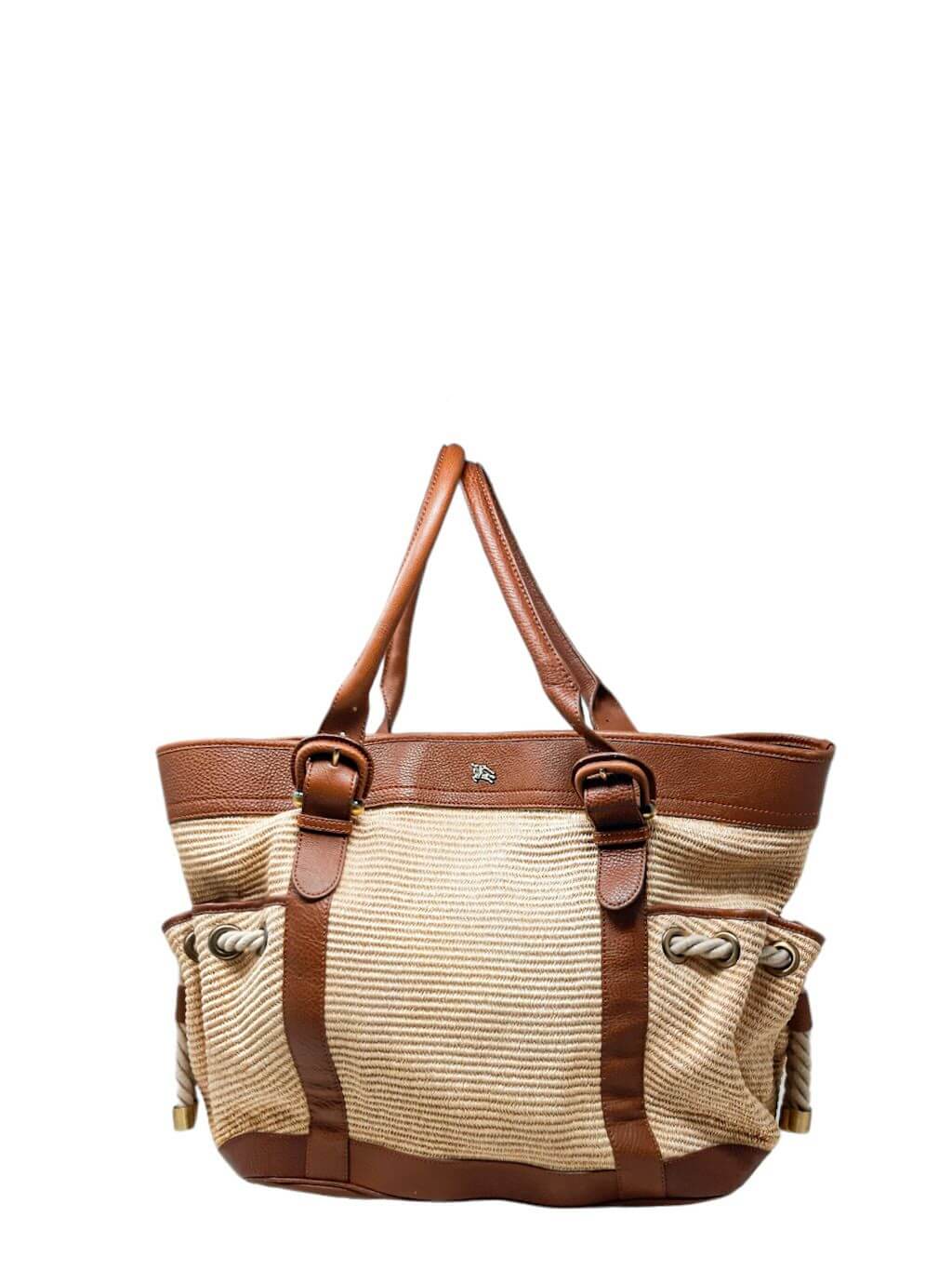 BURBERRY CARTERA FIGUE CANVAS & CALFSKIN LEATHER TOTE BAG