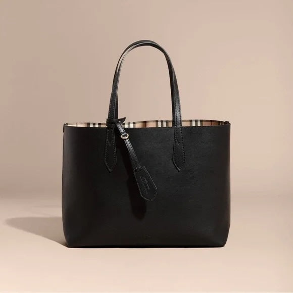 BURBERRY HAYMARKET CHECK LAVENBY BLACK MEDIUM REVERSIBLE TOTE BAG