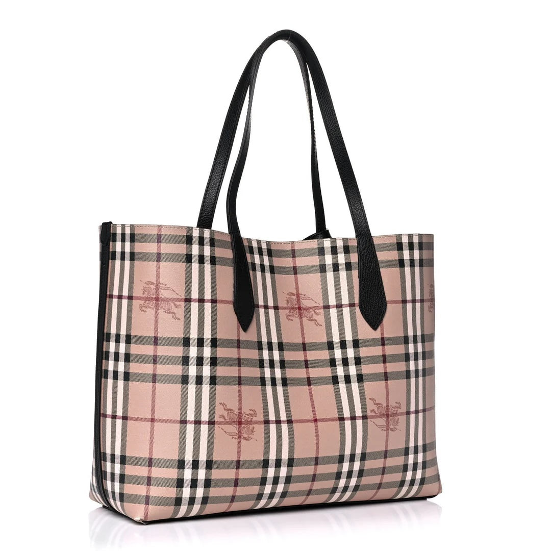 BURBERRY HAYMARKET CHECK LAVENBY BLACK MEDIUM REVERSIBLE TOTE BAG