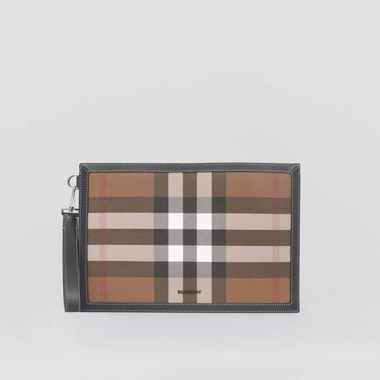 BURBERRY HOUSE CHECK & LEATHER ZIP POUCH CLUTCH