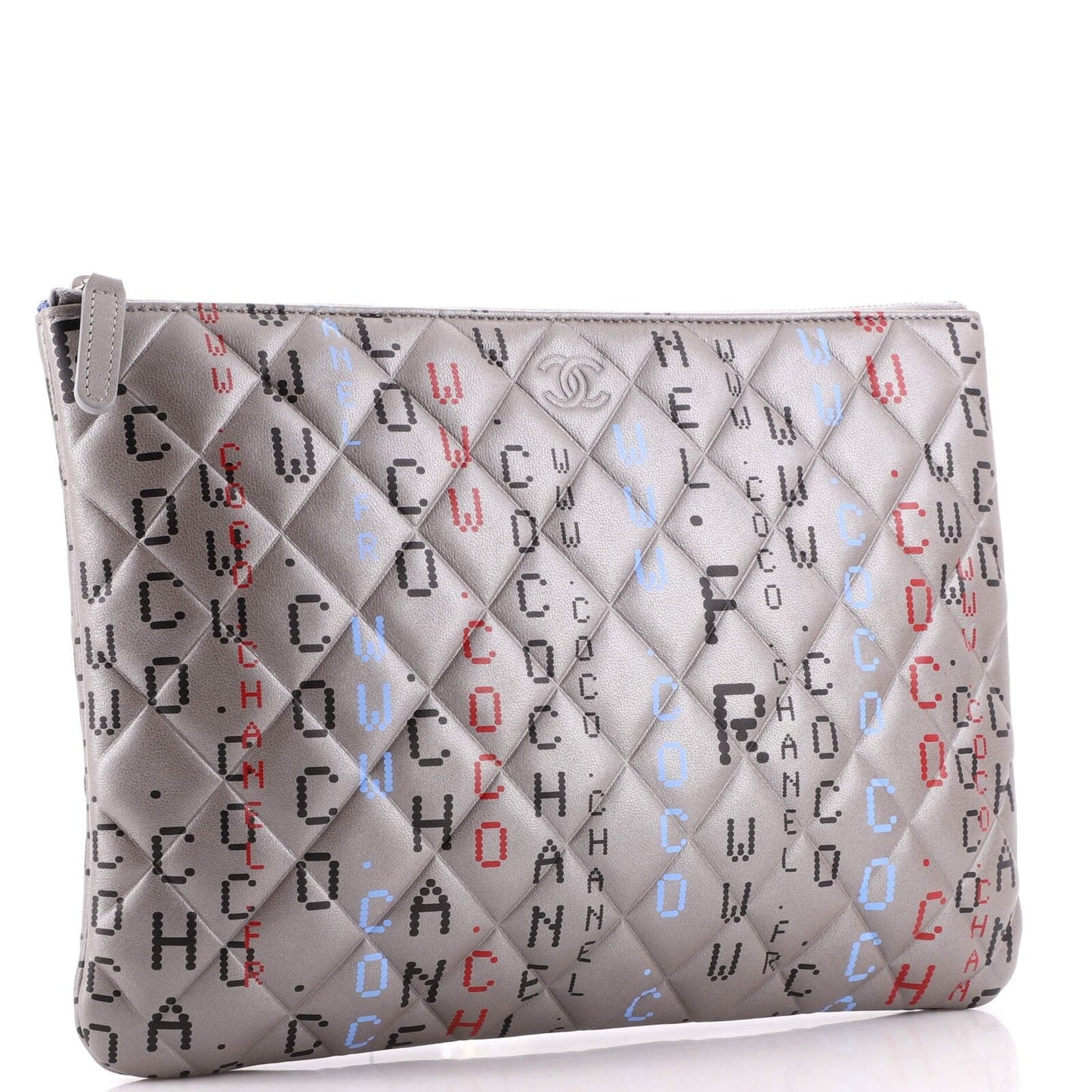 CHANEL METALLIC SILVER QUILTED LAMBSKIN PRINTED DATA CENTER O CLUTCH-HS