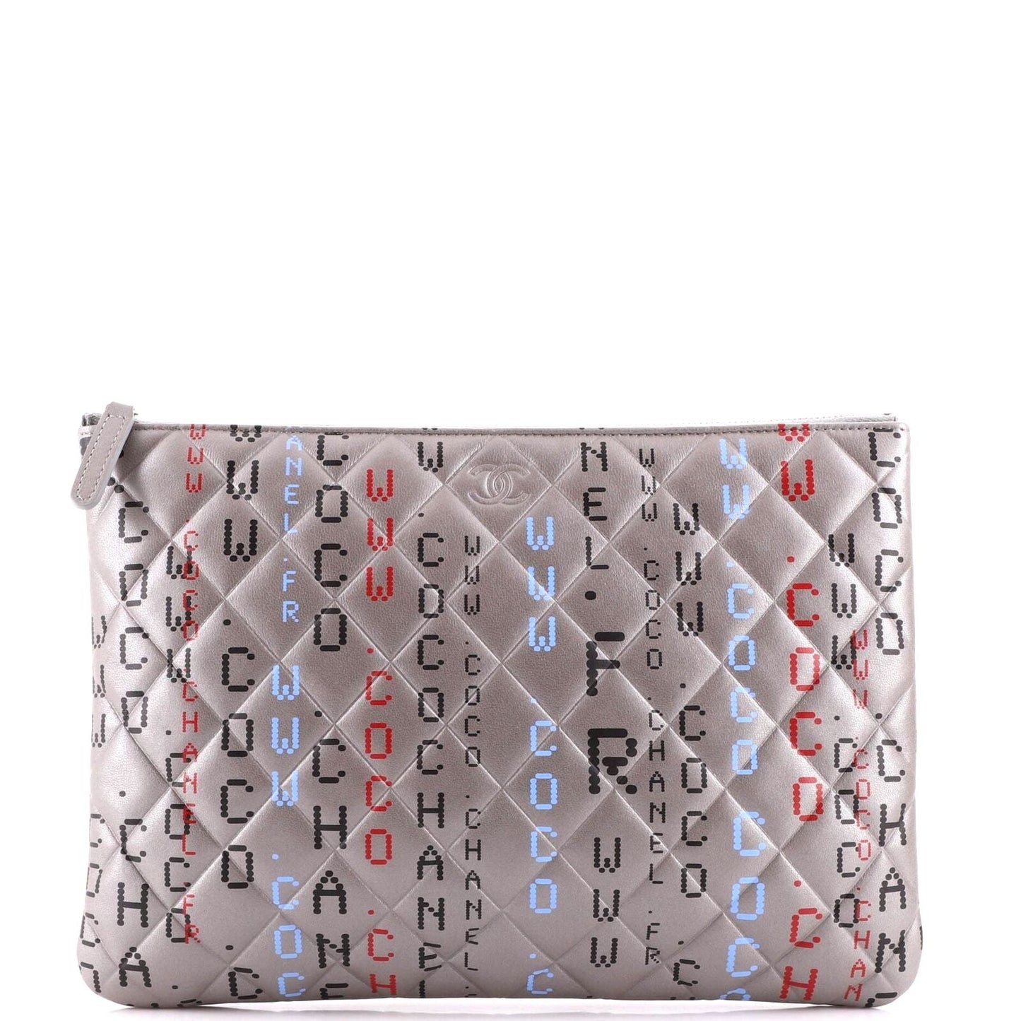 CHANEL METALLIC SILVER QUILTED LAMBSKIN PRINTED DATA CENTER O CLUTCH-HS