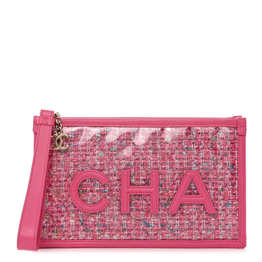 CHANEL TWEED PVC LAMBSKIN LEATHER WRISTLET CLUTCH