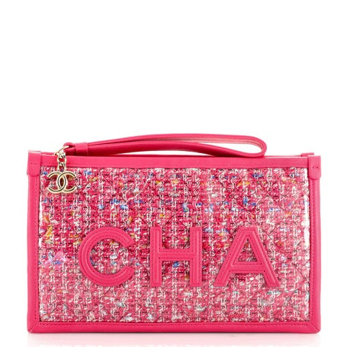 CHANEL TWEED PVC LAMBSKIN LEATHER WRISTLET CLUTCH