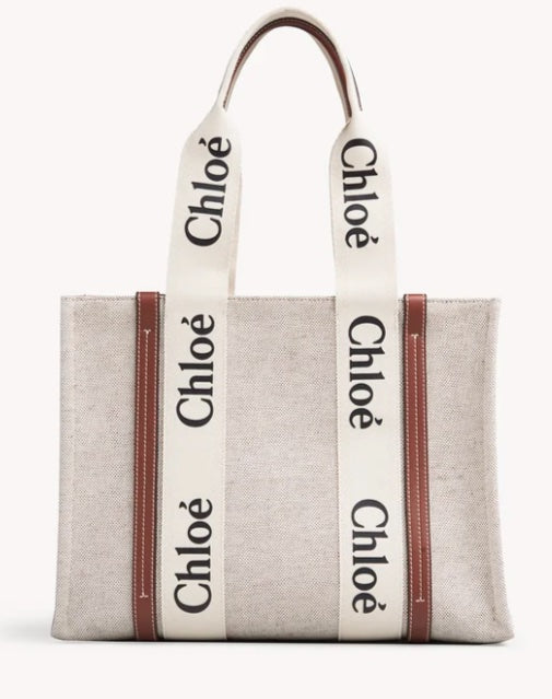 CHLOÉ MEDIUM WOODY LINEN TOTE BAG