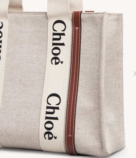 CHLOÉ MEDIUM WOODY LINEN TOTE BAG