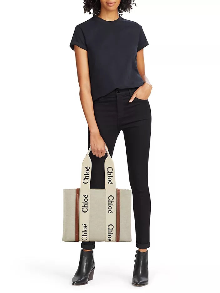 CHLOÉ MEDIUM WOODY LINEN TOTE BAG