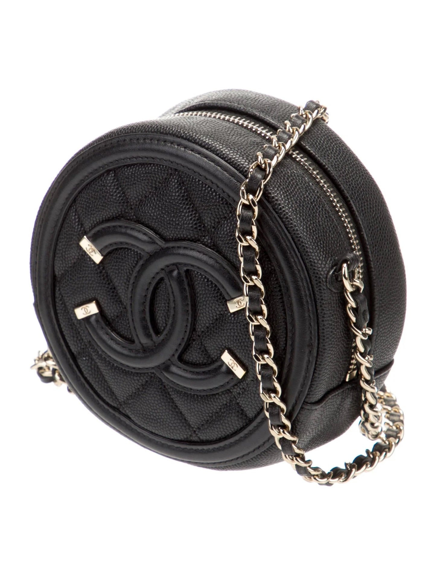 CHANEL CC CAVIAR LEATHER FILIGREE ROUND CHAIN CLUTCH BAG