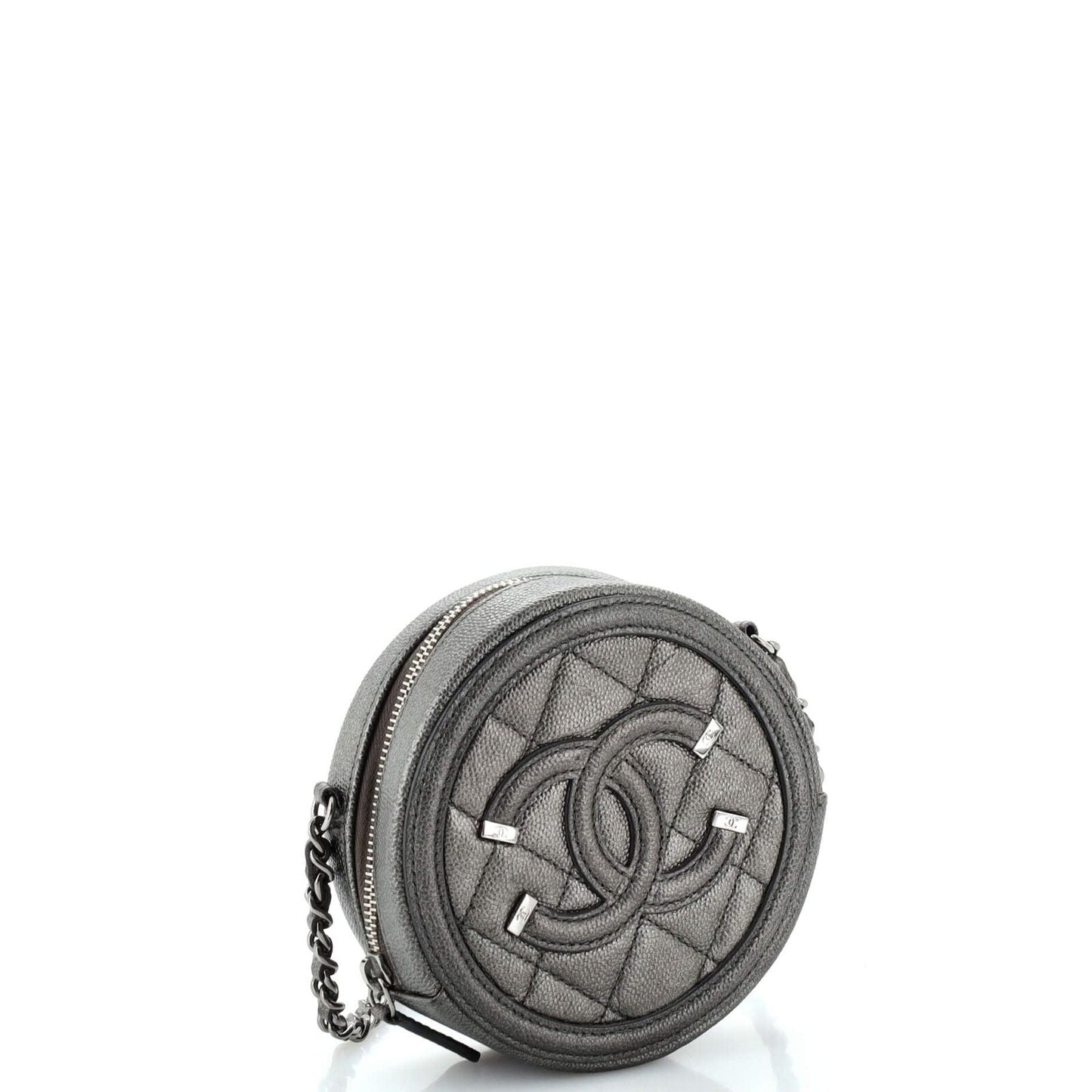 CHANEL CC CAVIAR LEATHER FILIGREE ROUND CHAIN CLUTCH BAG