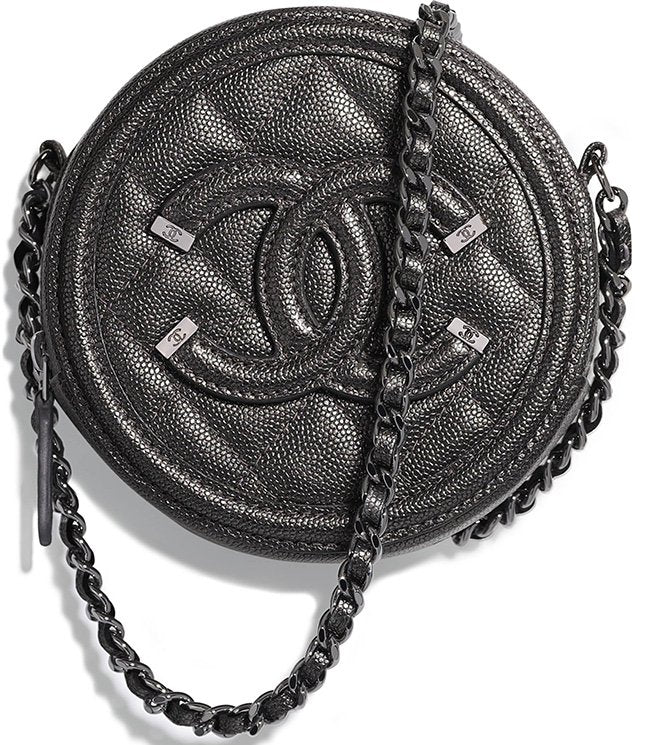 CHANEL CC CAVIAR LEATHER FILIGREE ROUND CHAIN CLUTCH BAG