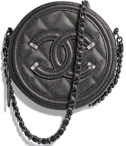 CHANEL CC CAVIAR LEATHER FILIGREE ROUND CHAIN CLUTCH BAG