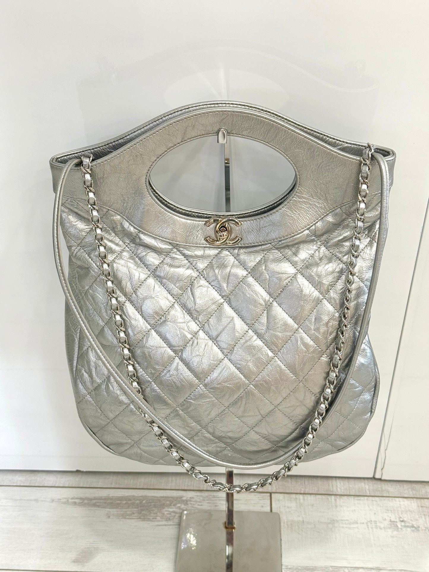 CHANEL METALLIC CRUMPLED CALFSKIN SMALL 31 SHOPPING TOTE BAG