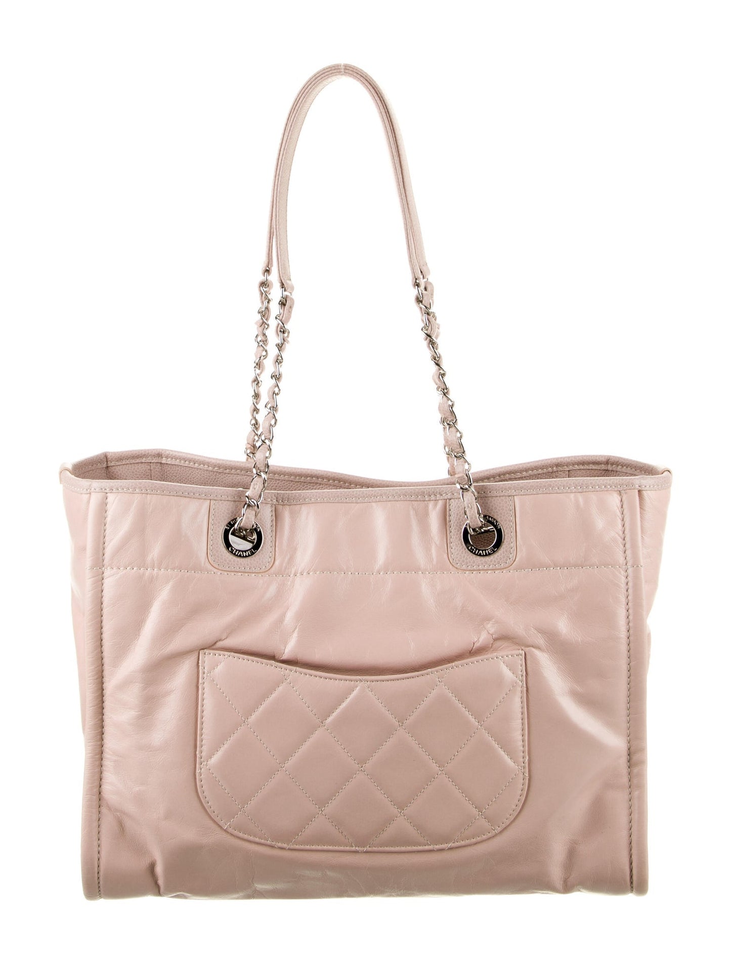 CHANEL GLAZED CALFSKIN LEATHER DEAUVILLE TOTE BAG IN PINK