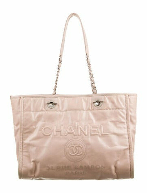 CHANEL GLAZED CALFSKIN LEATHER DEAUVILLE TOTE BAG IN PINK