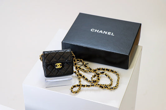 Chanel Black Mini Quilted Leather Coin Purse with Chain Strap