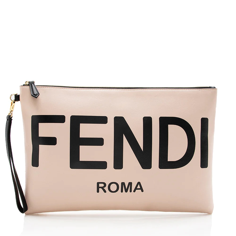 FENDI ROMA LOGO LEATHER POUCH CLUTCH BAG