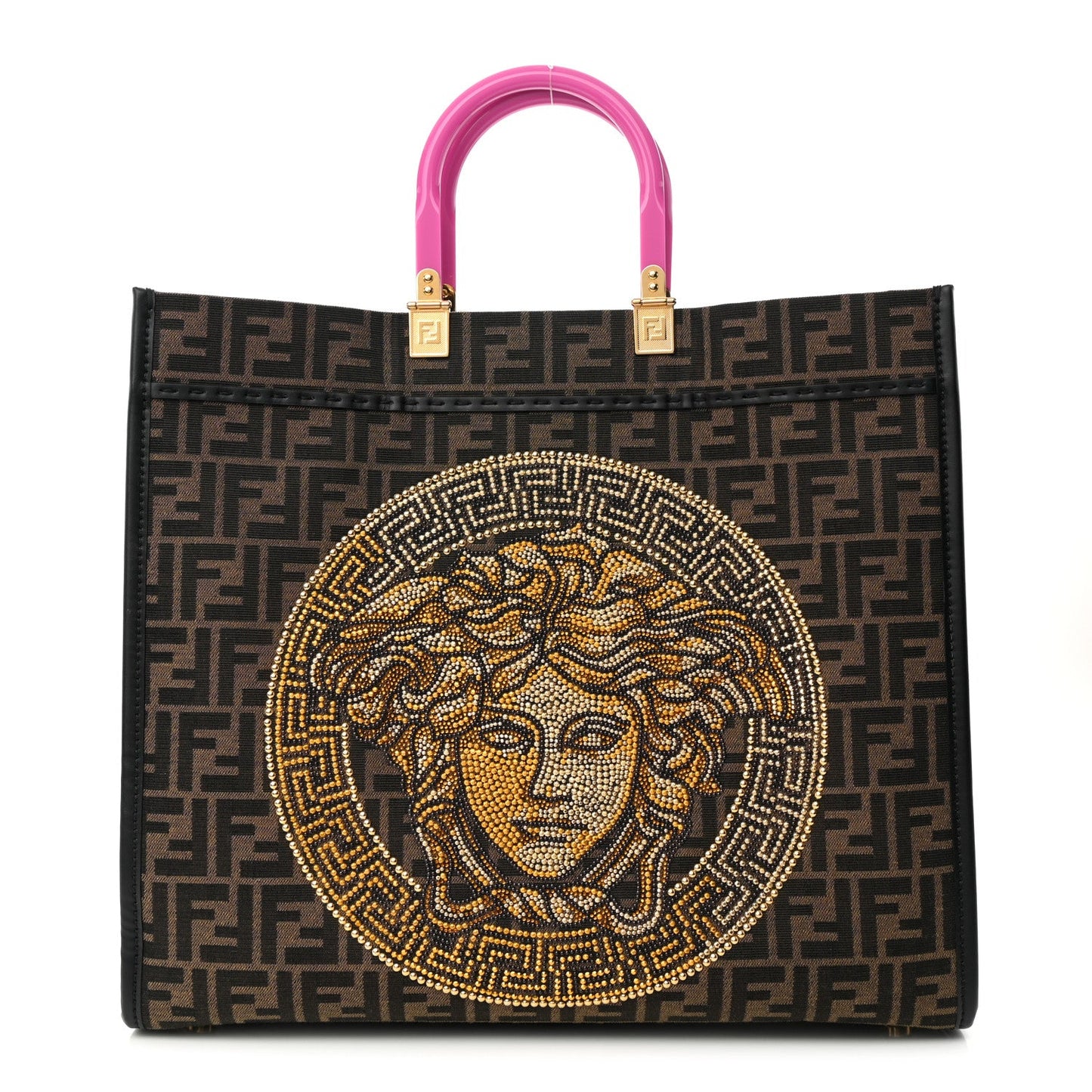 FENDACE FENDI X VERSACE ZUCCA FF MEDUSA STUDDED SUNSHINE LARGE TOTE BAG