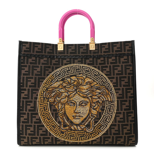 FENDACE FENDI X VERSACE ZUCCA FF MEDUSA STUDDED SUNSHINE LARGE TOTE BAG